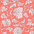 Ornamental beautiful coral color antique floral pattern with peonies. Vector illustration, asian texture for printing on packaging