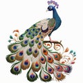 Ornamental beautiful textured peacock. Embroidery style colorful bright peacock bird. Vector ornate white background illustration