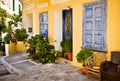 Ornamental blue doors, plants and windows, Samos, Greece