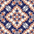 Ornamental Blue and Orange Floral Tile Design