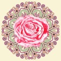 Ornamental circle pattern with watercolor rose