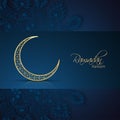 Ornamental crescent moon illustration and floral decorated blue background for Ramadan Kareem.