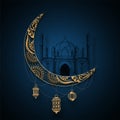 Ornamental crescent moon with sketching mosque and hanging lanterns for Ramadan Kareem.