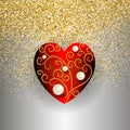 Ornamental 3d vector love heart design. Gold glittery silver ornate shiny background. White pearls, glitter lines, swirls. Vector Royalty Free Stock Photo