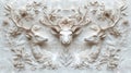 Elegant White Deer Heads with Floral Ramifications, Bas-Relief Sculpture Art Royalty Free Stock Photo