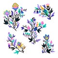 Ornamental design elements with stylized ornate floral branches and fantasy birds. Vector illustration