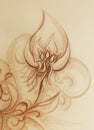 Ornamental filigran drawing on paper with spirals, flower petals and flame structure pattern. Royalty Free Stock Photo