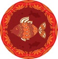 Ornamental fish on ethnic floral circle background