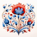 Ornamental Floral Art: Vibrant Blue And Red Flowers On White Background