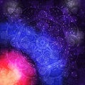 Ornamental floral ethnic mandala on purple galaxy background