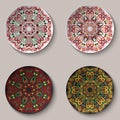 Ornamental floral mandala in boho style hohloma deposited on the souvenir ceramic plate. Set decorative design elements in black a