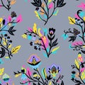 Ornamental floral pattern with stylized ornate floral elements and fantasy birds. Vector illustration