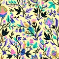 Ornamental floral pattern with stylized ornate floral elements and fantasy birds. Vector illustration