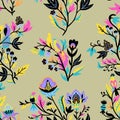 Ornamental floral pattern with stylized ornate floral elements and fantasy birds. Vector illustration