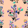 Ornamental floral pattern with stylized ornate floral elements and fantasy birds. Vector illustration