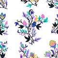 Ornamental floral pattern with stylized ornate floral elements and fantasy birds. Vector illustration