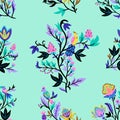 Ornamental floral pattern with stylized ornate floral elements and fantasy birds. Vector illustration