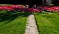 Ornamental flower bed in front of the castle on the ground floor. Planting annuals has the shape of a circle or strips bordered by Royalty Free Stock Photo