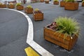 Ornamental flower pots next to the road to the square. ornamental perennial flowers grass. block shape flower pot made of wood mat Royalty Free Stock Photo