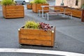 Ornamental flower pots next to the road to the square. ornamental perennial flowers grass. block shape flower pot made of wood mat Royalty Free Stock Photo