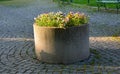 Ornamental flower pots on the windows of the house. plastic flower pots with beautiful decorations of violets and daffodils. Easte Royalty Free Stock Photo