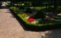 Ornamental flowerbed in front of the castle on the ground floor. The planting of annuals is in the shape of a circle with a moon s