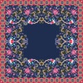 Ornamental frame with paisley and flowers in indian style. Space for text. Wrapping design. Bandana print, carpet, tablecloth