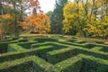 Ornamental garden with hedges of buxus sempervirens as a labyrinth. Maze garden ner Loucen castle in Czech republic.