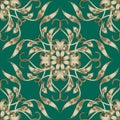 Ornamental golden 3d Paisley Damask vector seamless pattern. Floral patterned elegance green background. Repeat decorative Royalty Free Stock Photo