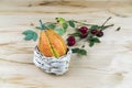 Ornamental gourd and rose hips in autumn