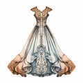 Medieval Gown Dress: Detailed Gothic Illustration In Light Blue And Bronze Royalty Free Stock Photo