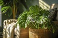 Ornamental green houseplant Monstera with wide leaves stands on floor in beige wicker pot. Boho style. Side natural lighting
