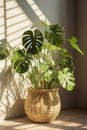 Ornamental green houseplant Monstera with wide leaves stands on floor in beige wicker pot. Boho style. Side natural lighting