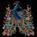 Ornamental halftone squares pixel art textured embroidery peacock pattern. Ethnic style colorful peacock bird. Vector floral black