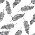 Ornamental hand drawn sketched feathers seamless pattern, vector illustration with ornament, isolated Royalty Free Stock Photo