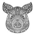 Ornamental head of pig or boar a symbol of new year 2019. Black and white doodling concept