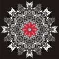 Ornamental lace pattern for wedding invitations and greeting cards.Traditional white,red decor on black background.
