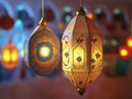 Ornamental lanterns hang illuminated. Intricate patterns decorate lanterns. Decorative lamps create festive atmosphere. Ramadan
