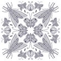 Ornamental Mandala with cute insects. Childish interior print design. Colouring book page for adults and kids. Black and white