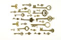 Ornamental medieval vintage keys with intricate forging, composed of fleur-de-lis elements, victorian leaf scrolls and heart shape