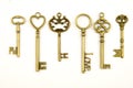 Ornamental medieval vintage keys with intricate forging, composed of fleur-de-lis elements, victorian leaf scrolls and heart shape