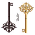 Ornamental medieval vintage keys with victorian leaf scrolls, hand-drawn antique keys