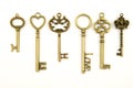 Ornamental medieval vintage keys with intricate forging, composed of fleur-de-lis elements, victorian leaf scrolls and heart shape Royalty Free Stock Photo