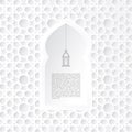 Ornamental mosque window with hanging lantern icon. Ramadan card. White arabic design, pattern. 3D white paper craft Royalty Free Stock Photo