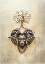 Ornamental painting of Aries, sacred animal symbol and tree of life.