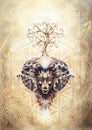 Ornamental painting of Aries, sacred animal symbol, tree of life, flower of life and merkaba