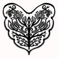 Ornamental paisley bird folk art elements for design. Hand drawn linocut block print style. Black folkloric songbird