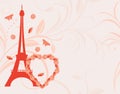 Ornamental pink background with floral heart and Eiffel tower