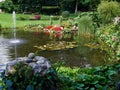 Ornamental pond and water fountain in a garden Royalty Free Stock Photo