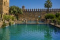 Ornamental pools leading to old town fortifications in Cordoba, Spain